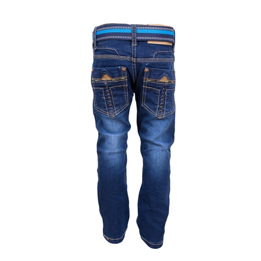 Spodnie jeansowe chłopięce z paskiem szachownica granatowy wiosna
