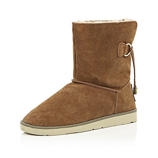 Brown suede faux fur lined ankle boots  river-island brazowy płaska podeszwa