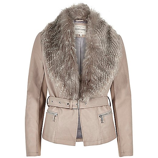 Taupe leather-look belted jacket  river-island bezowy casual