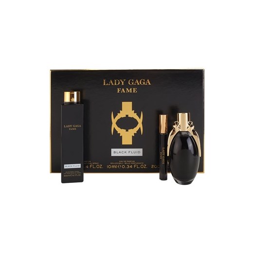 Lady Gaga Fame Black Fluid zestaw upominkowy II. woda perfumowana 100 ml + mini roller ball 10 ml + mleczko do ciała 200 ml + do każdego zamówienia upominek. iperfumy-pl czarny mini