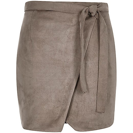 Brown faux suede wrap belted mini skirt  river-island brazowy lato