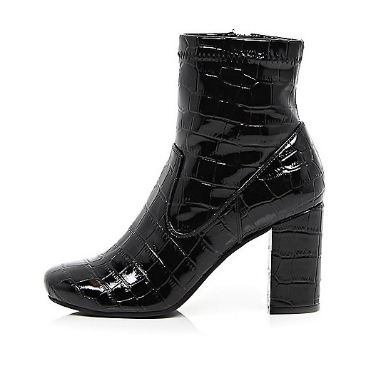 Black patent croc heeled ankle boots  river-island szary Botki na obcasie