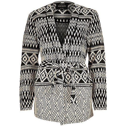 Black textured zig zag belted jacket  river-island szary casual