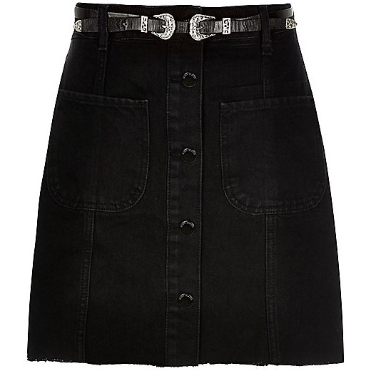 Black denim belted button-up skirt  river-island czarny lato