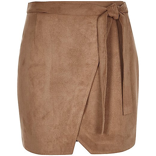 Brown faux suede wrap mini skirt  river-island brazowy lato