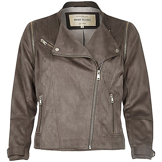 Grey faux suede biker jacket  river-island brazowy casual