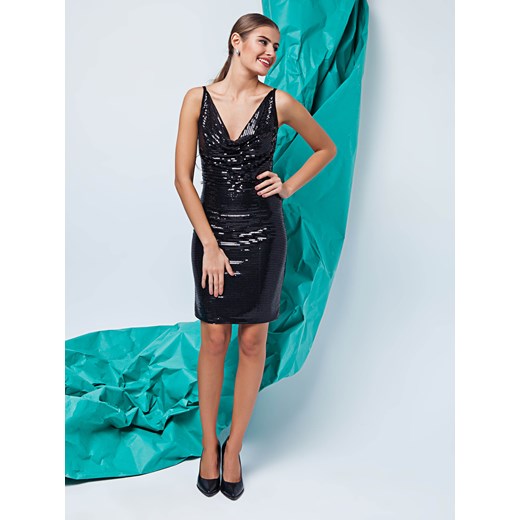Elegancka sukienka o dopasowanym kroju czarny the-cover turkusowy cekiny