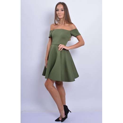Sukienka piankowa z opuszczonymi ramionami khaki cocomoda-pl brazowy elegancki