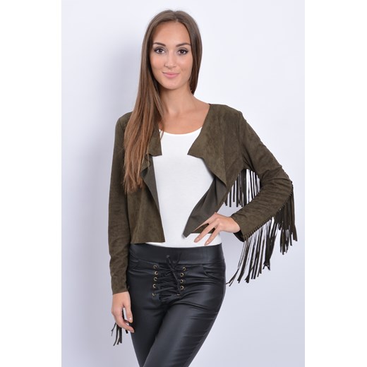 Kurtka narzutka zamszowa z frędzlami khaki cocomoda-pl szary boho