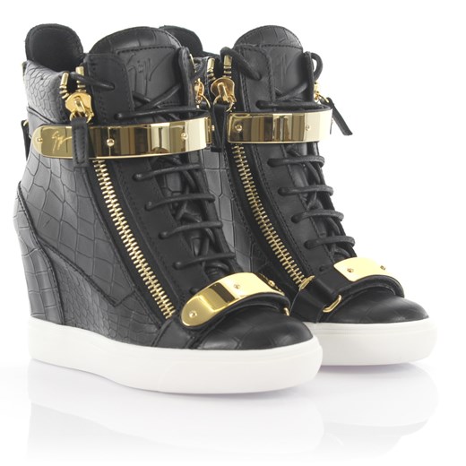 Giuseppe Zanotti Kobiety Sneakersy na koturnie Lorenz skóra czarne tłoczenie skóra krokodyla szary Giuseppe Zanotti 39 Budapester.com
