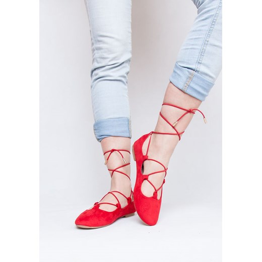 Czerwone baleriny z wiązaniami lace up /GG6-1 Q166 Sx200/ rozowy 37 pantofelek24.pl