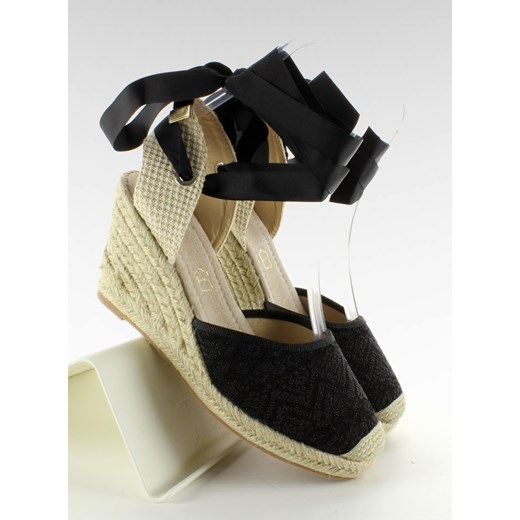 Espadryle na koturnie wiązane wstążką 7012 Czarny  szary  kupbuty.com