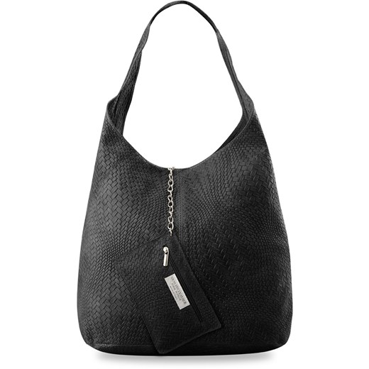 Skórzana torebka worek shopper bag - przeplatana made in italy - czarny
