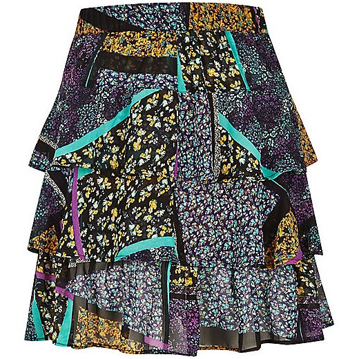Purple print ruffle mini skirt  szary River Island  