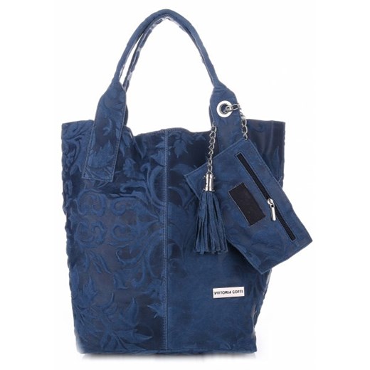 VITTORIA GOTTI Made in Italy Torebka Skórzana Shopperbag w Tłoczone Wzory Niebieska (kolory) granatowy Vittoria Gotti  PaniTorbalska