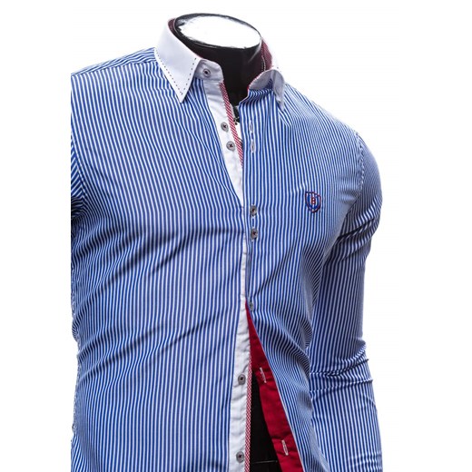 Biało-niebieska koszula męska elegancka w paski z długim rękawem Bolf 4784