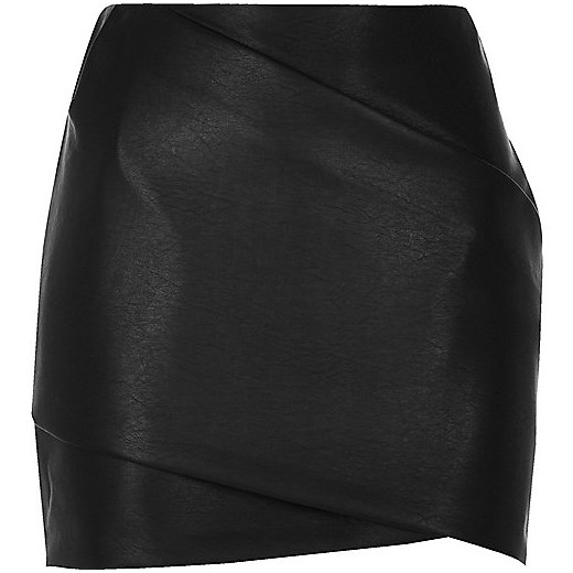 Black leather look wrap mini skirt   River Island  