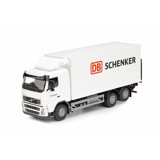 Emek, Volvo, ciężarówka z podnośnikiem hydraulicznym, biała z napisem Schenker, model bialy Emek smyk