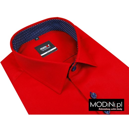 Czerwona koszula męska z granatowymi kontrastami w kropki Mmer