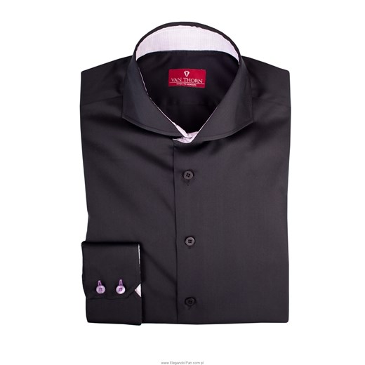 Elegancka czarna koszula męska VAN THORN z wstawkami we fioletową kratkę - NORMAL FIT