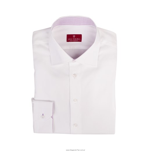 Elegancka biała koszula męska ze stójką i środkiem mankietów we fioletową kratkę - krój klasyczny