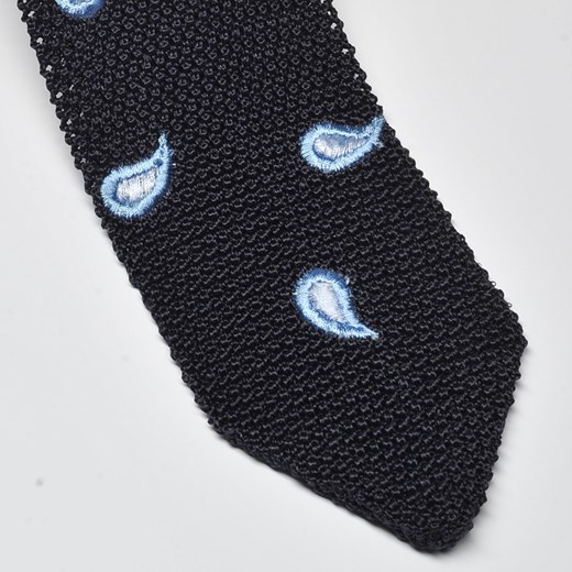 Granatowy krawat z dzianiny (knit) w błękitny wzór paisley