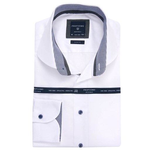 Elegancka biała koszula męska taliowana (SLIM FIT) z kontrastem w granatowy wzorek