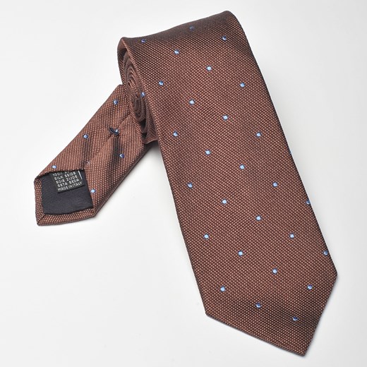 Elegancki brązowy krawat jedwabny Van Thorn błękitne w kropeczki