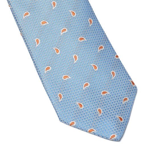 Elegancki DŁUGI błękitny krawat Van Thorn w pomarańczowe paisley