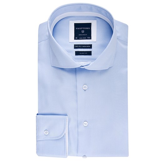 Elegancka błękitna koszula męska taliowana (SLIM FIT) z białymi wstawkami