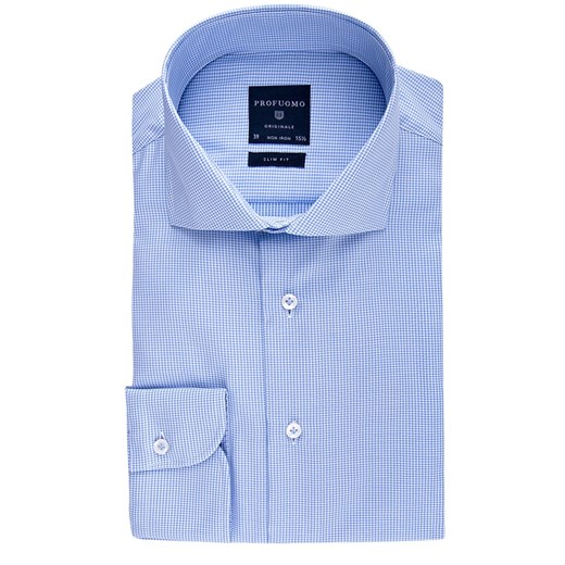 Elegancka koszula męska taliowana (SLIM FIT) w błękitną krateczkę