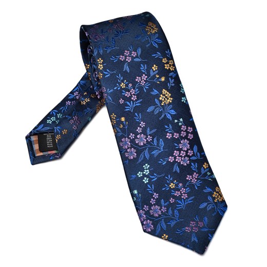 Elegancki DŁUGI granatowy jedwabny krawat Hemley w kolorowe kwiatuszki