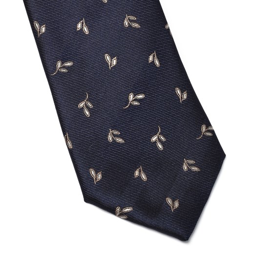 Granatowy jedwabny krawat w beżowe listki