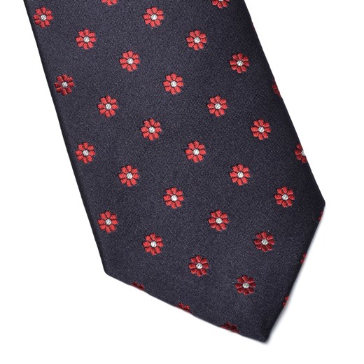 Granatowy krawat jedwabny w czerwone kwiatki
