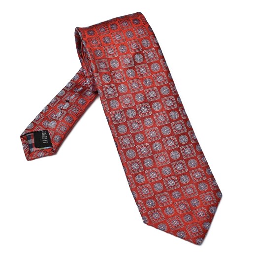 Elegancki DŁUGI czerwony jedwabny krawat Hemley w błękitny wzór