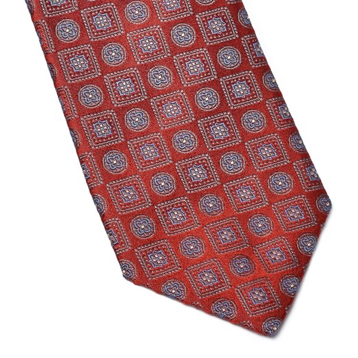 Elegancki DŁUGI czerwony jedwabny krawat Hemley w błękitny wzór
