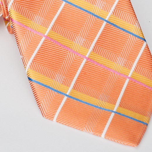 Elegancki krawat jedwabny Hemley jasnopomarańczowy w różowo niebiesko żółtą kratkę