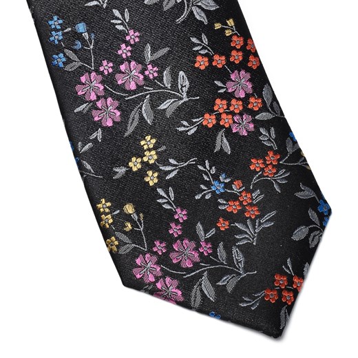 Elegancki DŁUGI czarny jedwabny krawat Hemley w kolorowe kwiatuszki