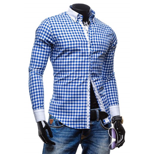 Kobaltowa koszula męska elegancka w kratę z długim rękawem Denley 0754