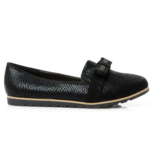 Czarne Baleriny Slip On Skórzana Profilowana Wkładka Kokarda czarny 39 BUTOSKLEP.PL
