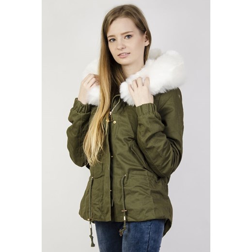 Ciepła kurtka w kolorze khaki z białym futerkiem zielony XS olika.com.pl