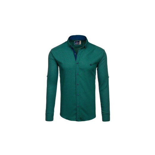 Zielona koszula męska w kratę z długim rękawem Denley 355