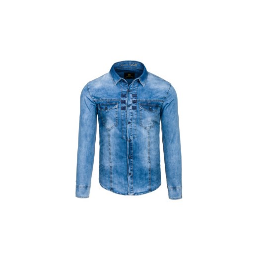 Niebieska koszula męska jeansowa z długim rękawem Denley 4405