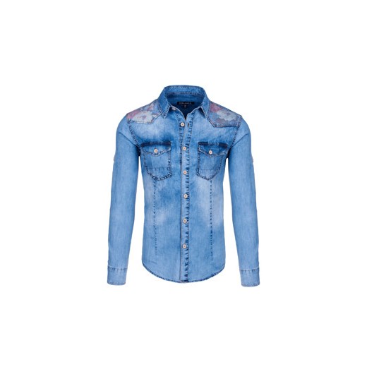 Błękitna koszula męska jeansowa we wzory z długim rękawem Denley 6378