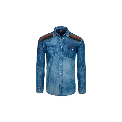 Granatowa koszula męska jeansowa we wzory z długim rękawem Denley 3004