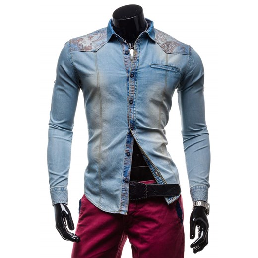 Koszula męska jeansowa we wzory z długim rękawem błękitna Denley 6293