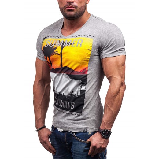 Antracytowa koszulka męska z nadrukiem w serek Denley 7450