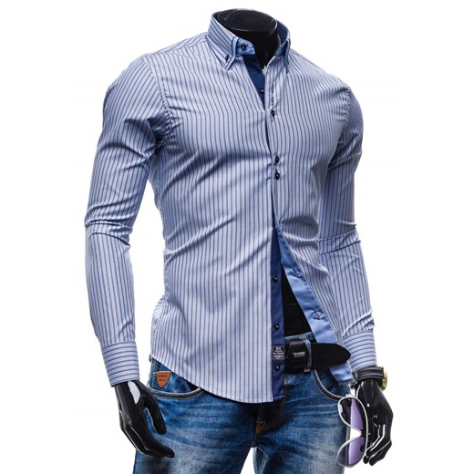 Błękitna koszula męska elegancka w paski z długim rękawem Denley 5716