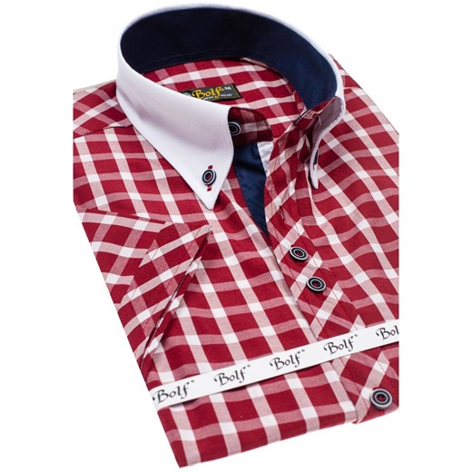 Koszula męska elegancka w kratę z krótkim rękawem bordowa Bolf 5531
