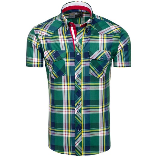 Zielona koszula męska w kratę z krótkim rękawem Bolf 6524